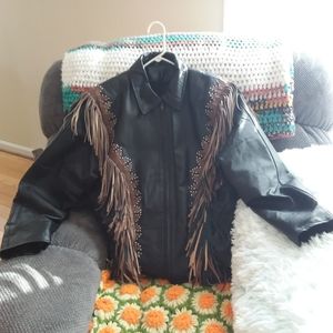 Women's Leather Motorcycle riding Jacket Fringe Studded Biker